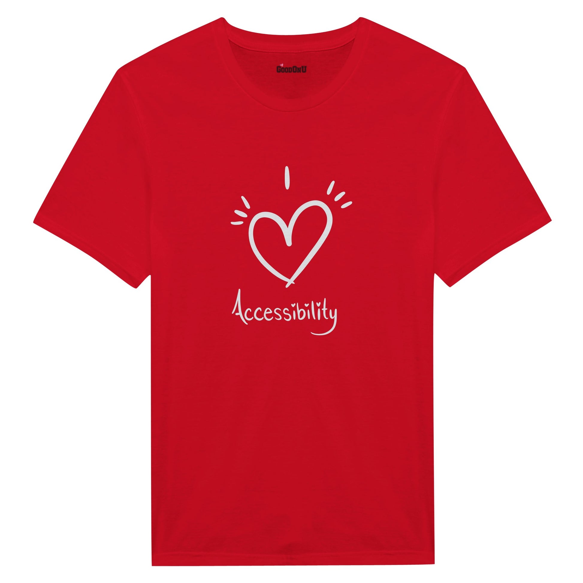 Red t-shirt with I Heart Accessibility design for Red Shirt Day, promoting disability rights and accessible housing