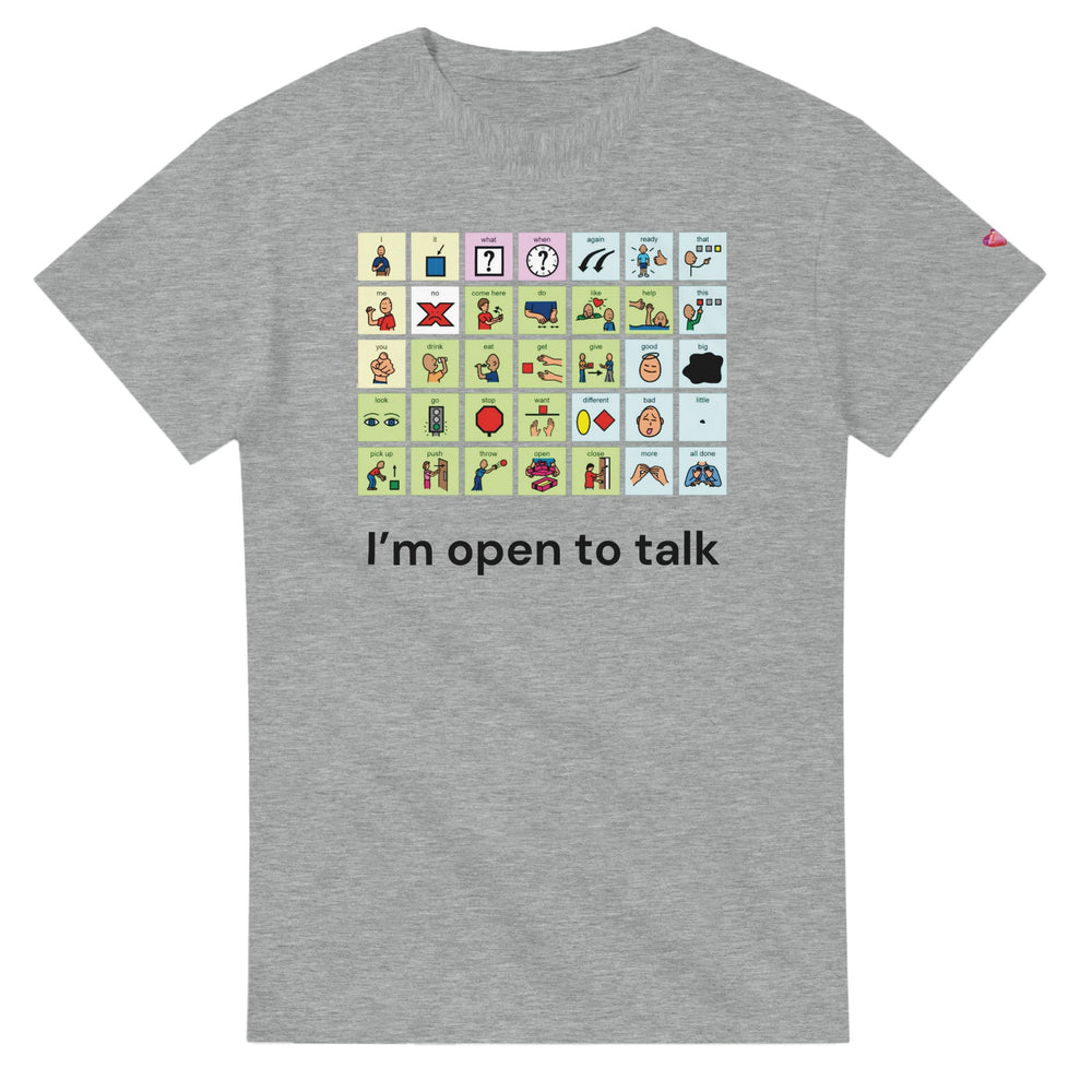 A grey t-shirt which reads I'm Open to Talk show a communication board t-shirt for speech therapy and AAC advocacy