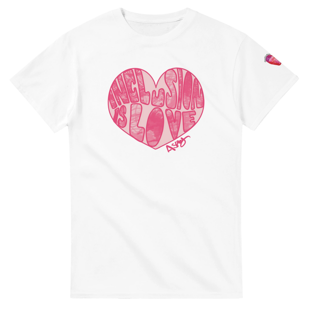 soft white T-shirt with Inclusion is Love pink graffiti art design by self-advocate artist Ashley Caldwell promoting disability inclusion