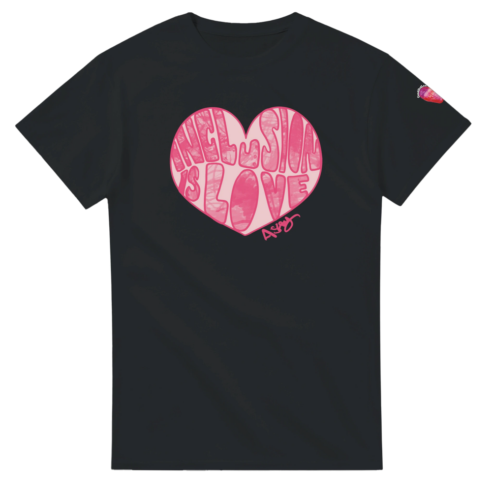 soft black T-shirt with Inclusion is Love pink graffiti art design by self-advocate artist Ashley Caldwell promoting disability inclusion