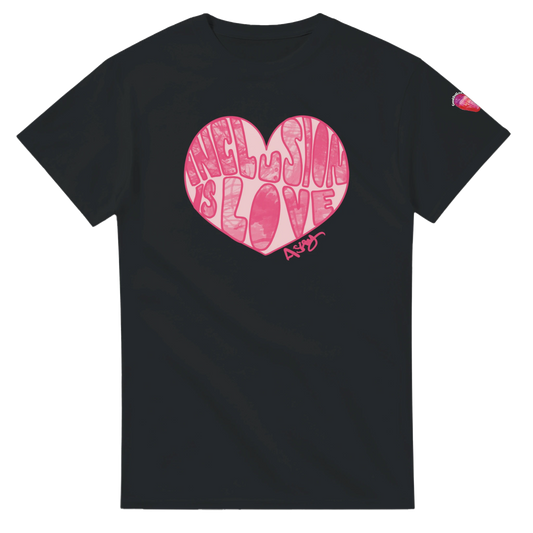 soft black T-shirt with Inclusion is Love pink graffiti art design by self-advocate artist Ashley Caldwell promoting disability inclusion