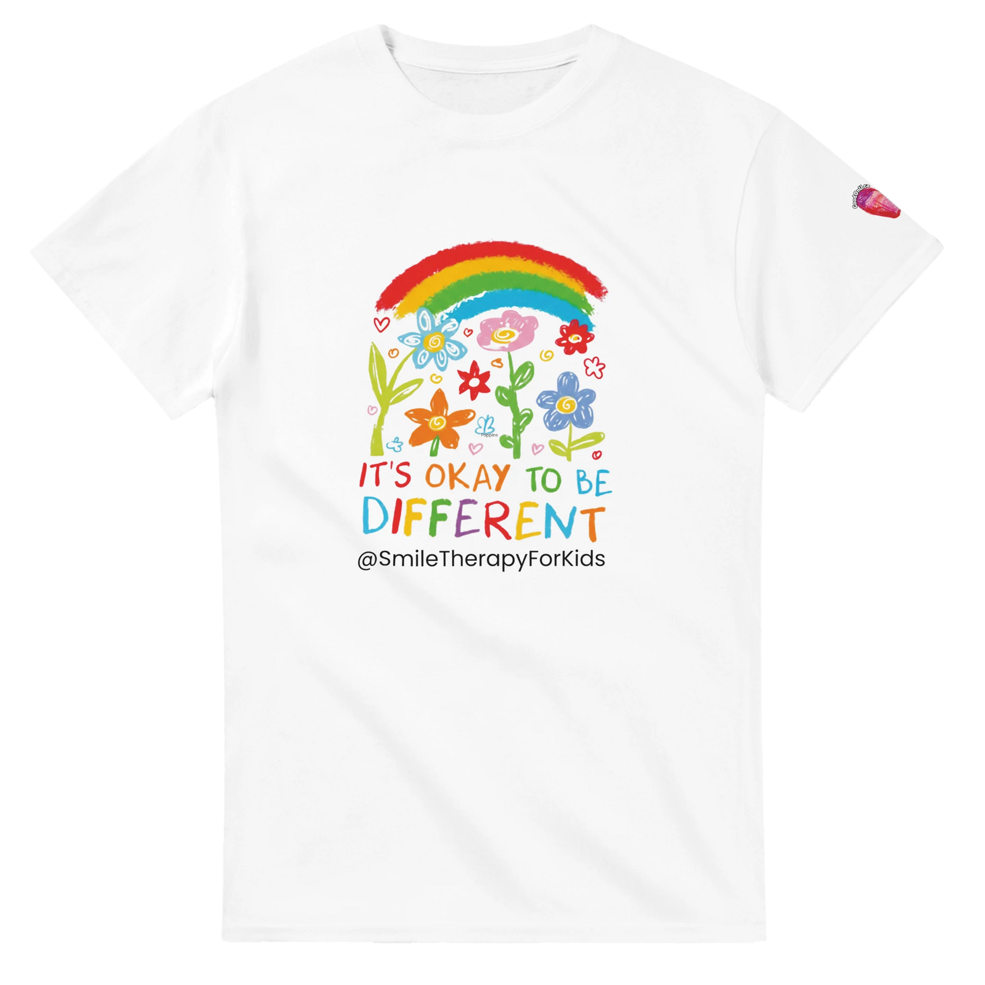 White fundraiser T-shirt with a rainbow and flowers which reads It's okay to be different 