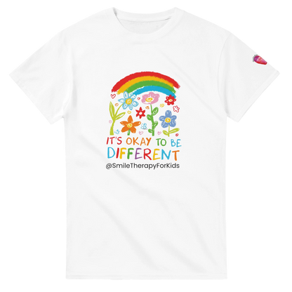 White fundraiser T-shirt with a rainbow and flowers which reads It's okay to be different 