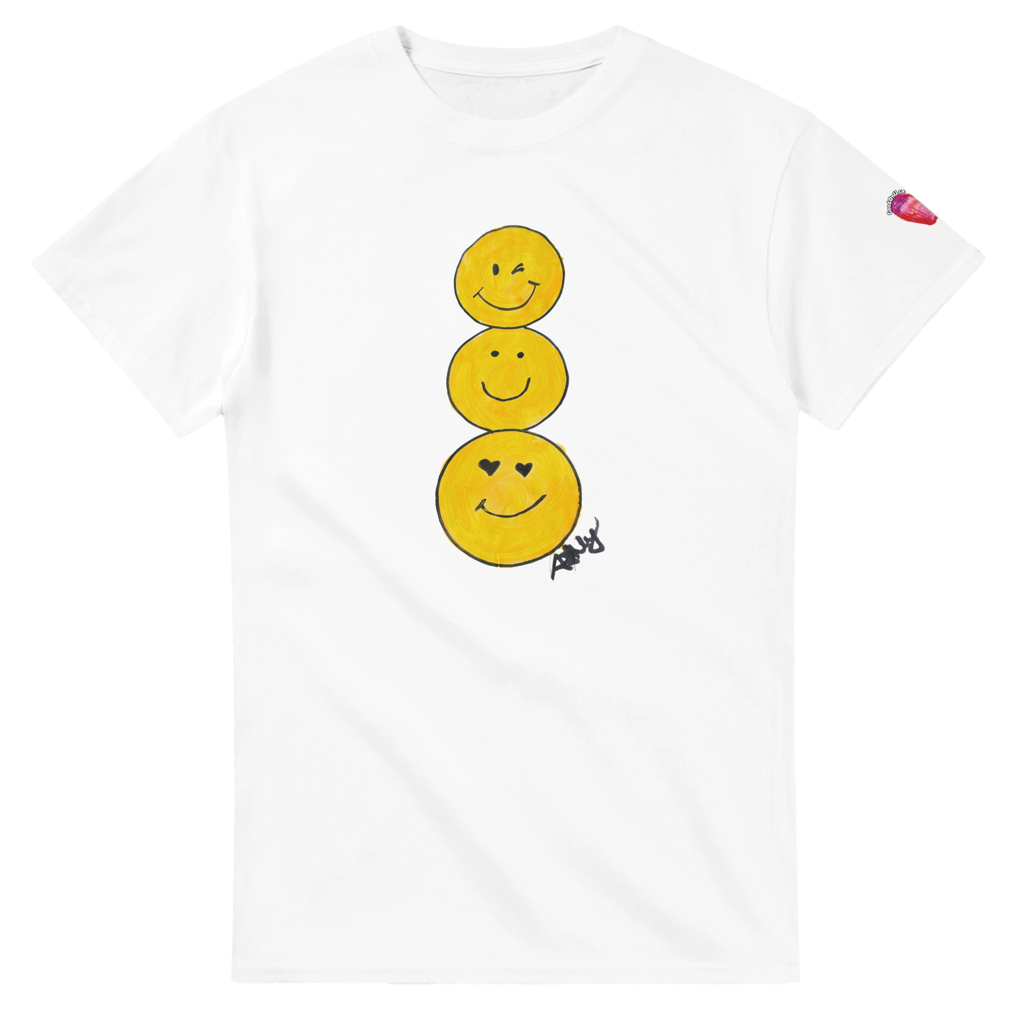 Three Happy Faces by Ashley: white fundraising T-shirt for DMI Children's Foundation Charity with the GoodOnU.ca logo on the left sleeve 