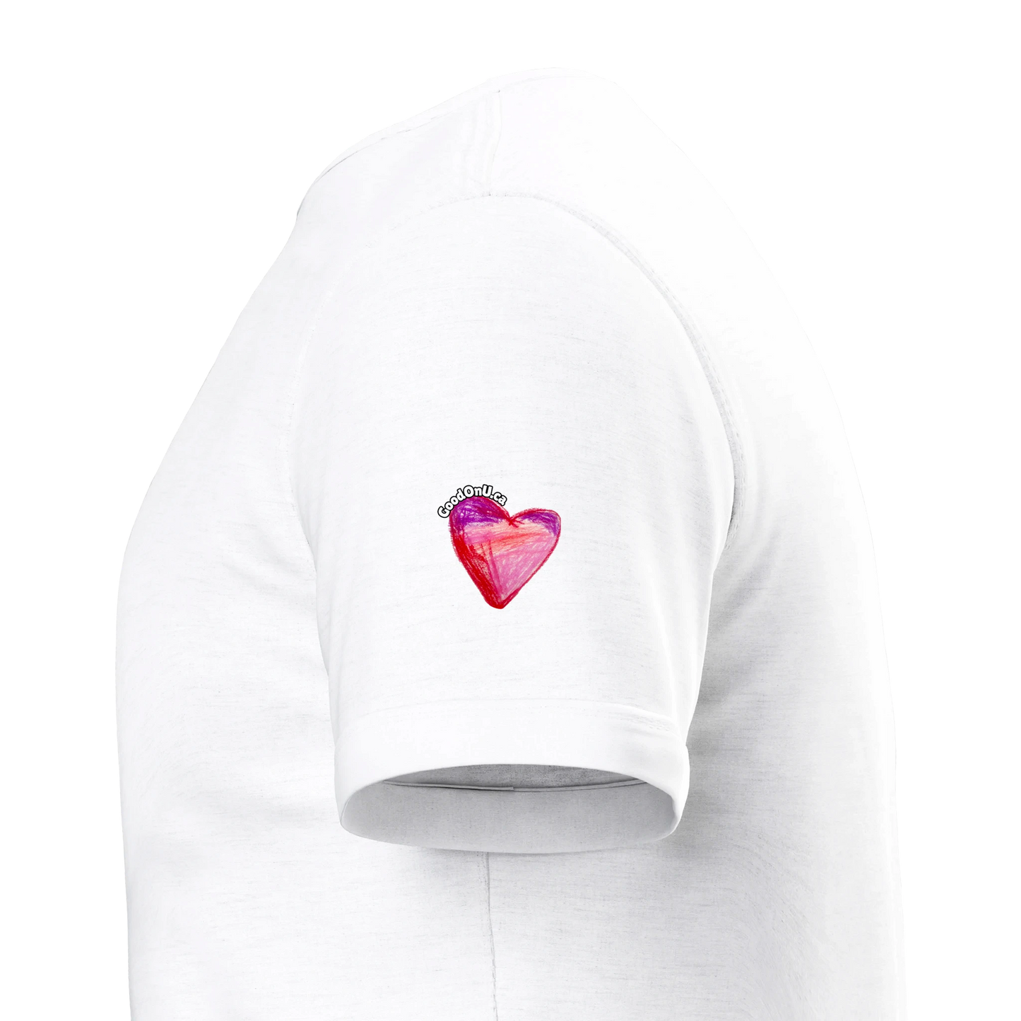 White short-sleeve T-shirt shown from the side, featuring a small graphic of a pink and purple heart by Ashley Caldwell with the brand GoodOnU.ca printed on the upper sleeve.