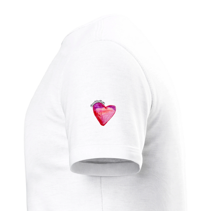White short-sleeve T-shirt shown from the side, featuring a small graphic of a pink and purple heart by Ashley Caldwell with the brand GoodOnU.ca printed on the upper sleeve.