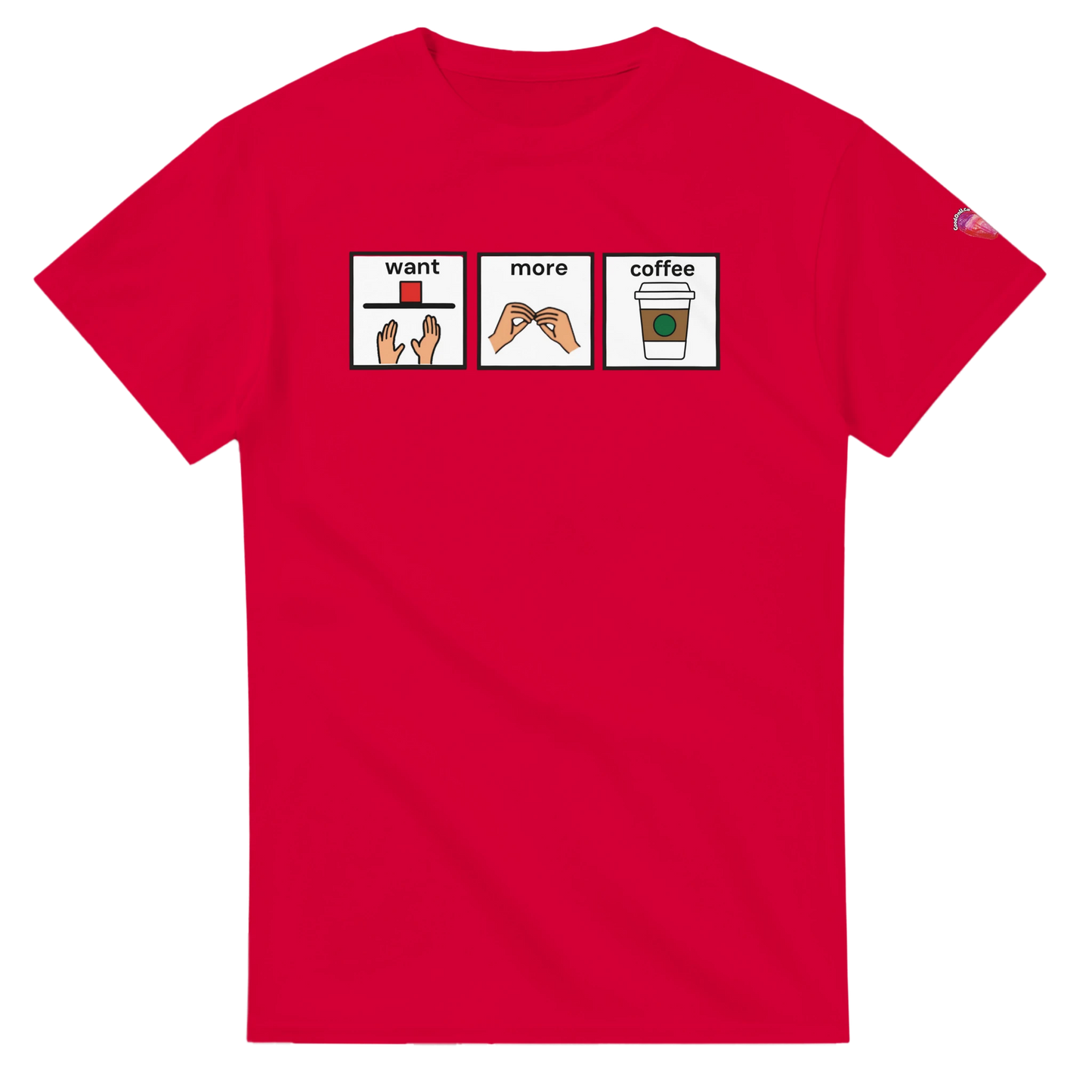 Red T-shirt with Want More Coffee AAC communication board design promoting augmentative and alternative communication