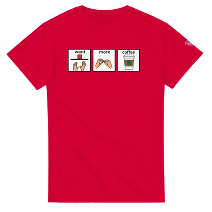 Red T-shirt with Want More Coffee AAC communication board design promoting augmentative and alternative communication