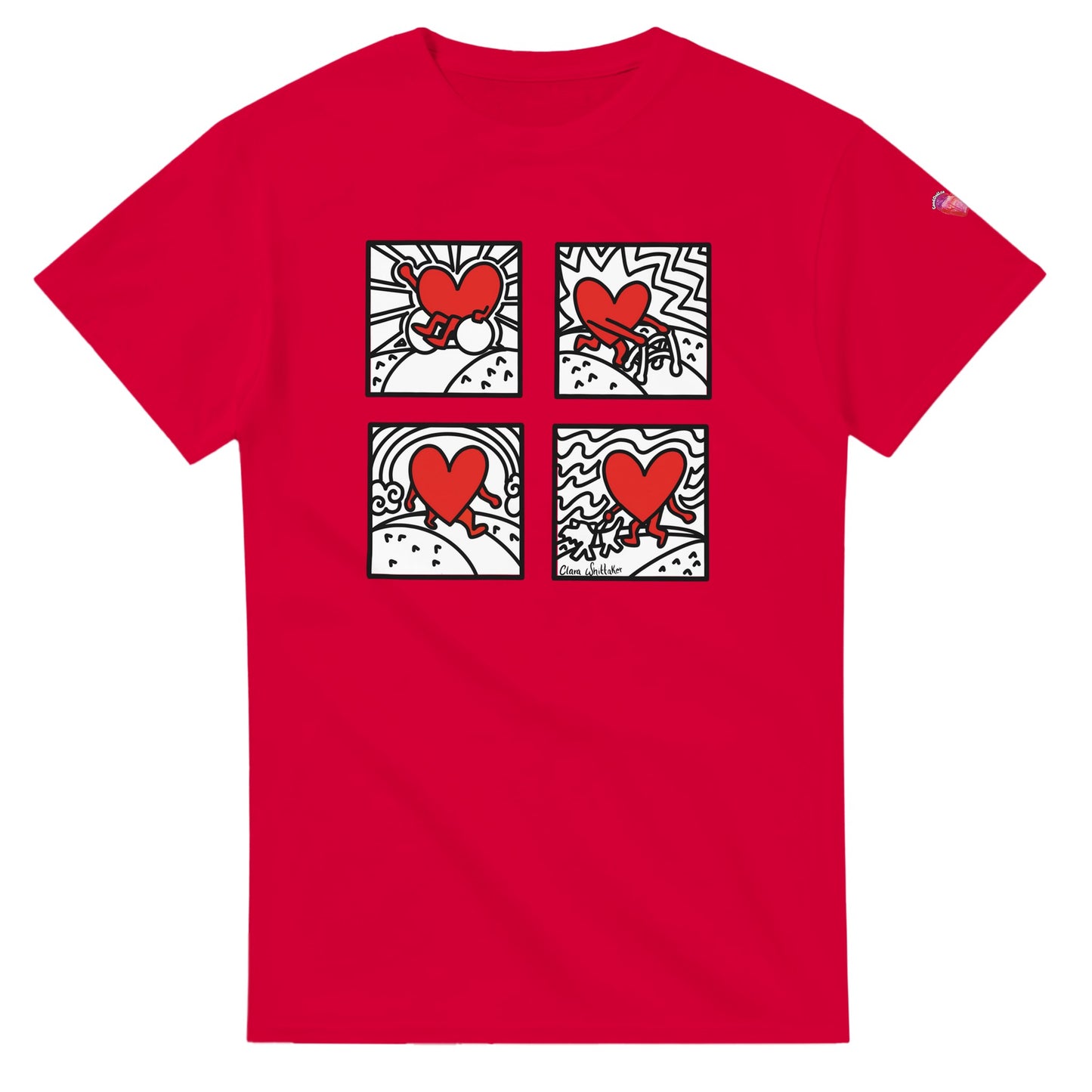 Red t-shirt with Red Love heart design for Red Shirt Day 2026, supporting accessibility and inclusion. 4 squares represent visible and invisible disabilities. 