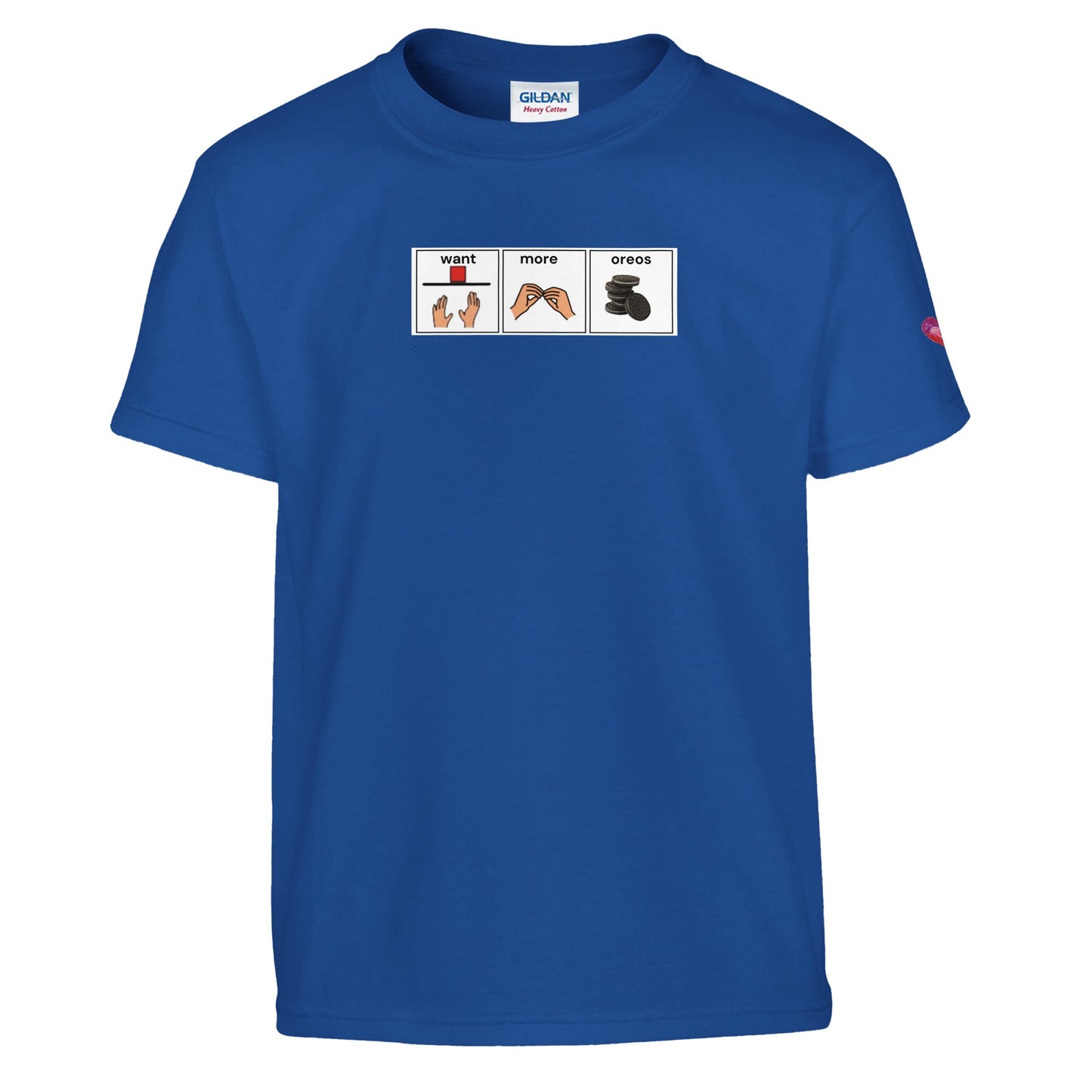 Royal blue T-shirt with Want More Oreos AAC communication board design promoting augmentative and alternative communication