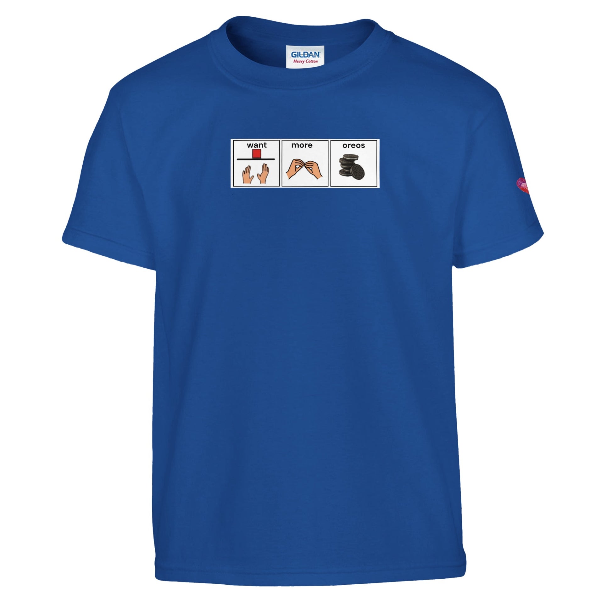 Royal blue T-shirt with Want More Oreos AAC communication board design promoting augmentative and alternative communication