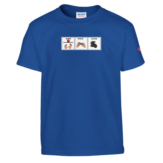 Royal blue T-shirt with Want More Oreos AAC communication board design promoting augmentative and alternative communication