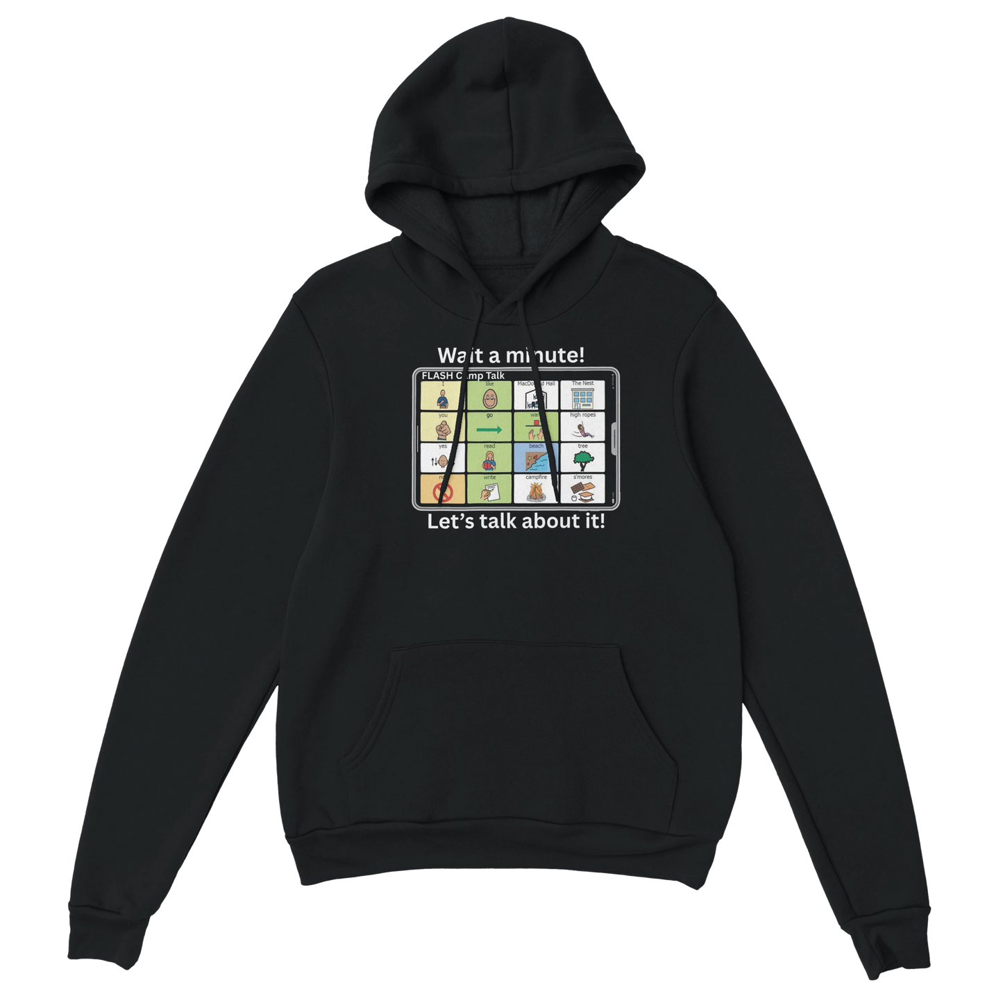 Black hoodie with a graphic design on the front that includes various miniature icons and text, with a hood and pouch pocket.