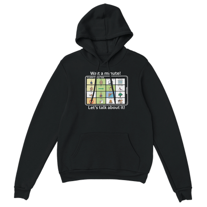 Black hoodie with a graphic design on the front that includes various miniature icons and text, with a hood and pouch pocket.