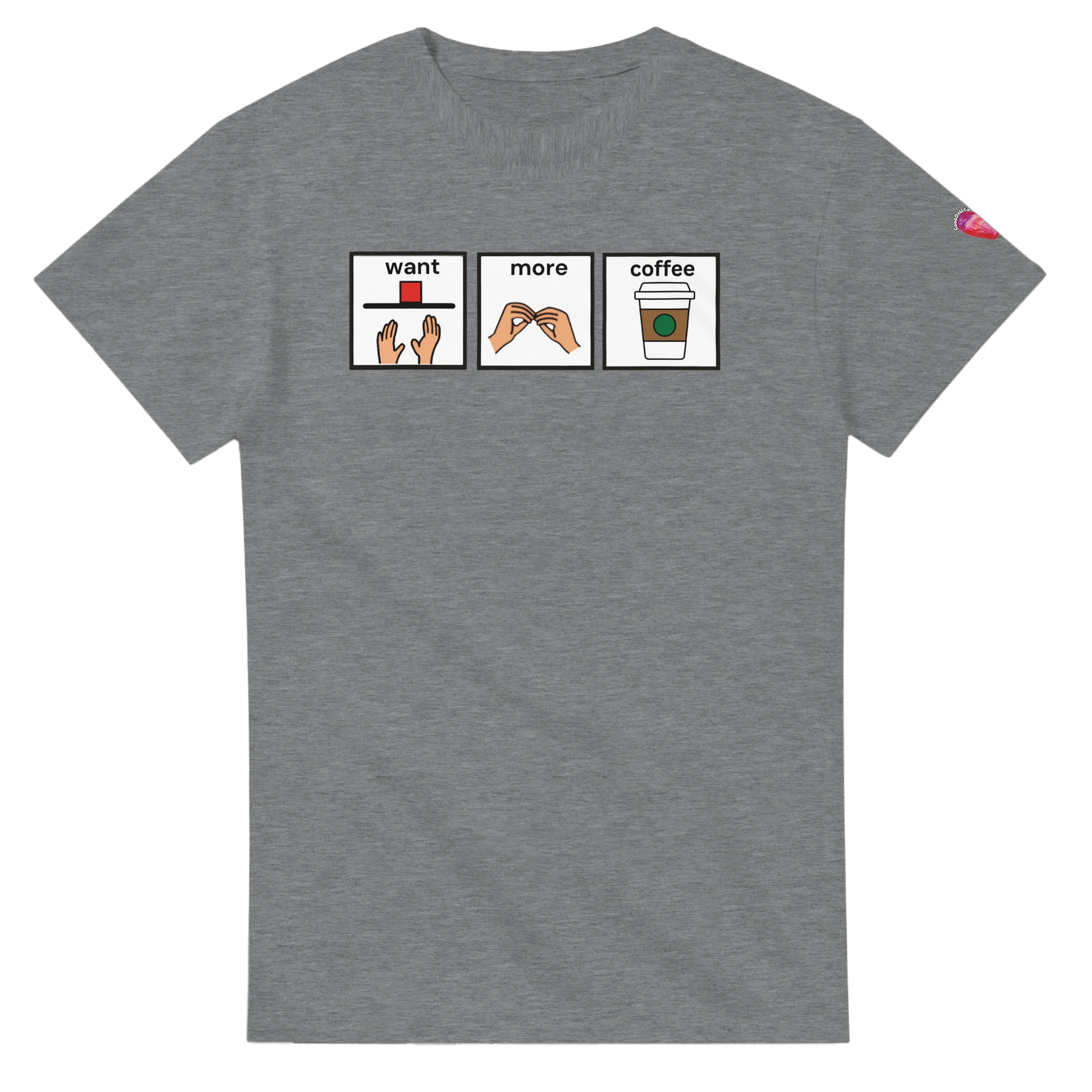 Athletic Grey T-shirt with Want More Coffee AAC communication board design promoting augmentative and alternative communication
