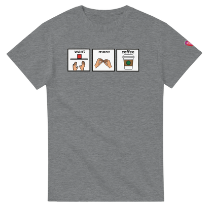 Athletic Grey T-shirt with Want More Coffee AAC communication board design promoting augmentative and alternative communication