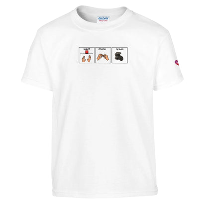 T-shirt with Want More Oreos AAC communication board design promoting augmentative and alternative communication