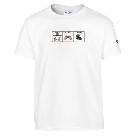 T-shirt with Want More Oreos AAC communication board design promoting augmentative and alternative communication
