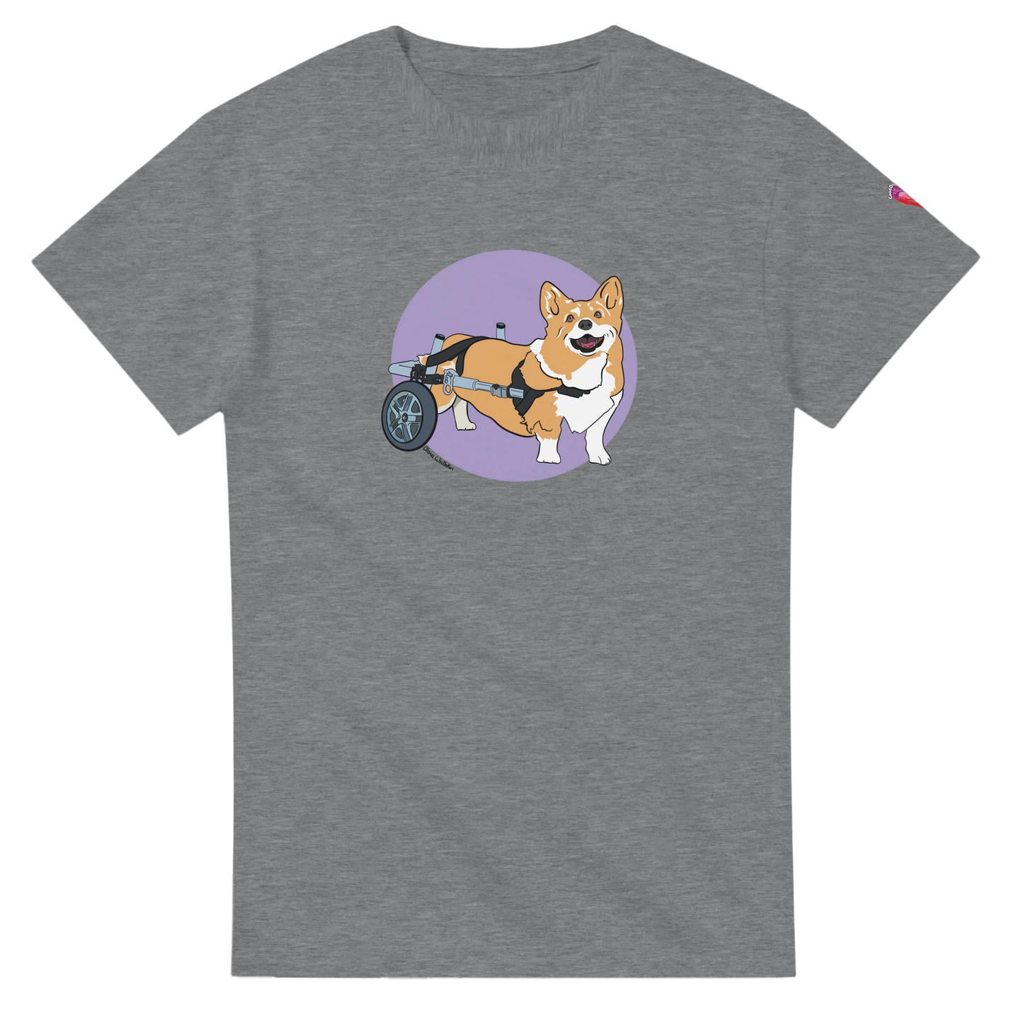 Gray t-shirt with a cartoon dog in a wheelchair on a purple circle, on a white background