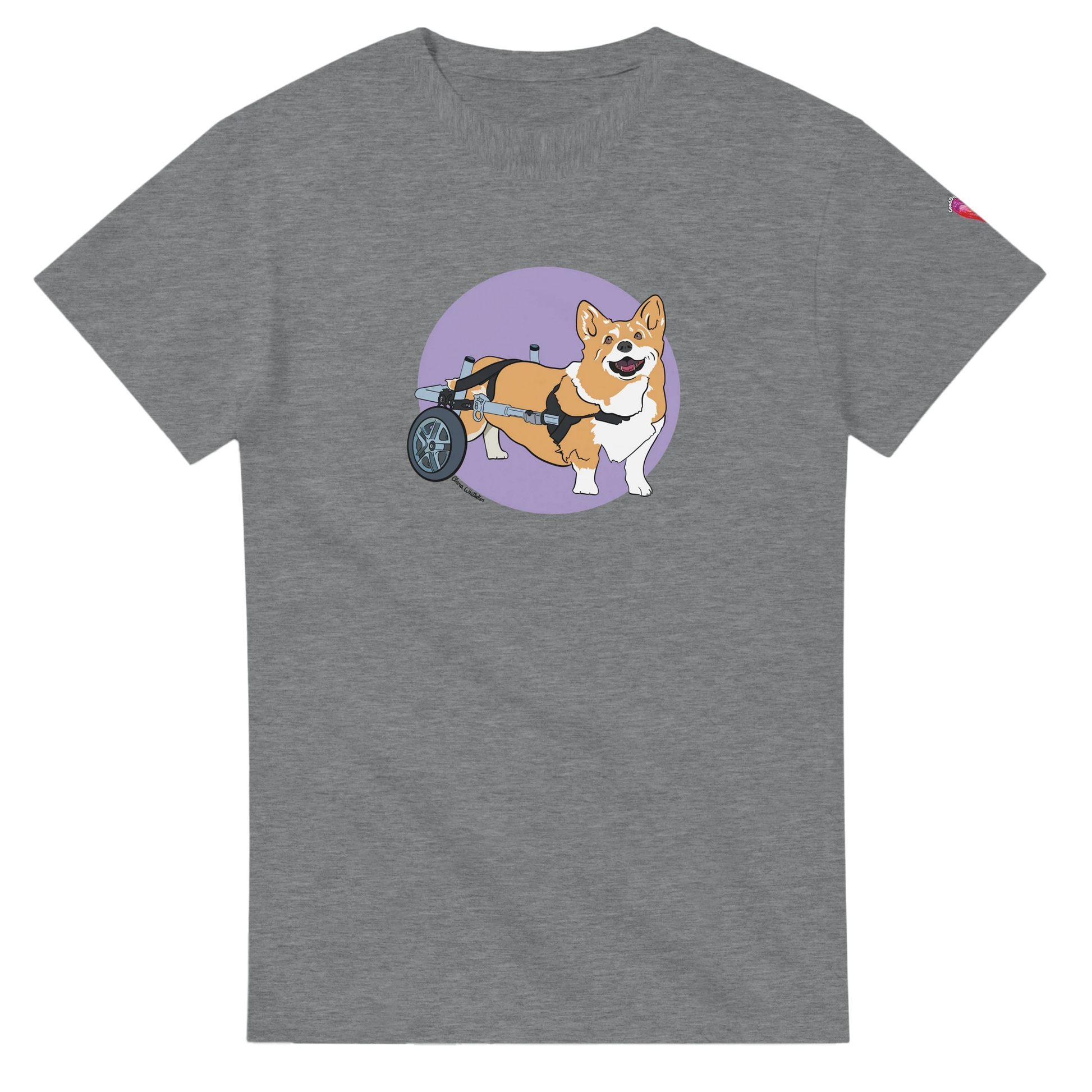 Gray t-shirt with a cartoon dog in a wheelchair on a purple circle, on a white background