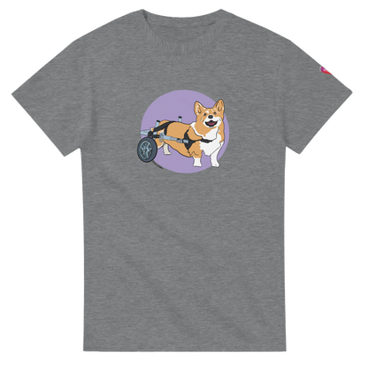 Gray t-shirt with a cartoon dog in a wheelchair on a purple circle, on a white background