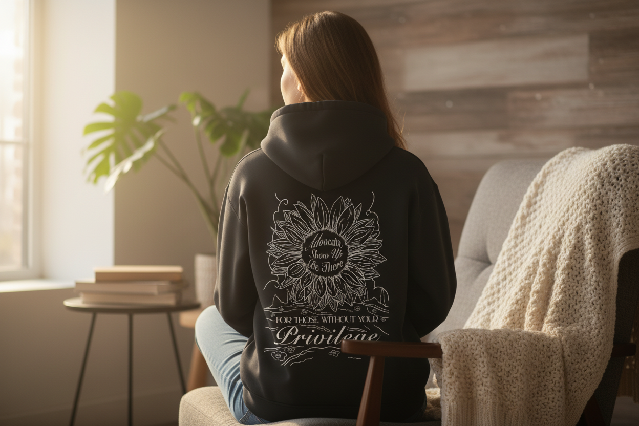 Black hoodie with a sunflower design and text on the back against a white background