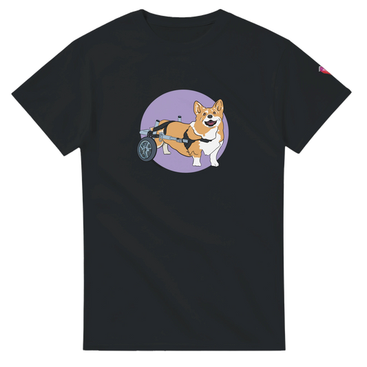 Black t-shirt with a corgi in a wheelchair graphic on a white background, disability representation 