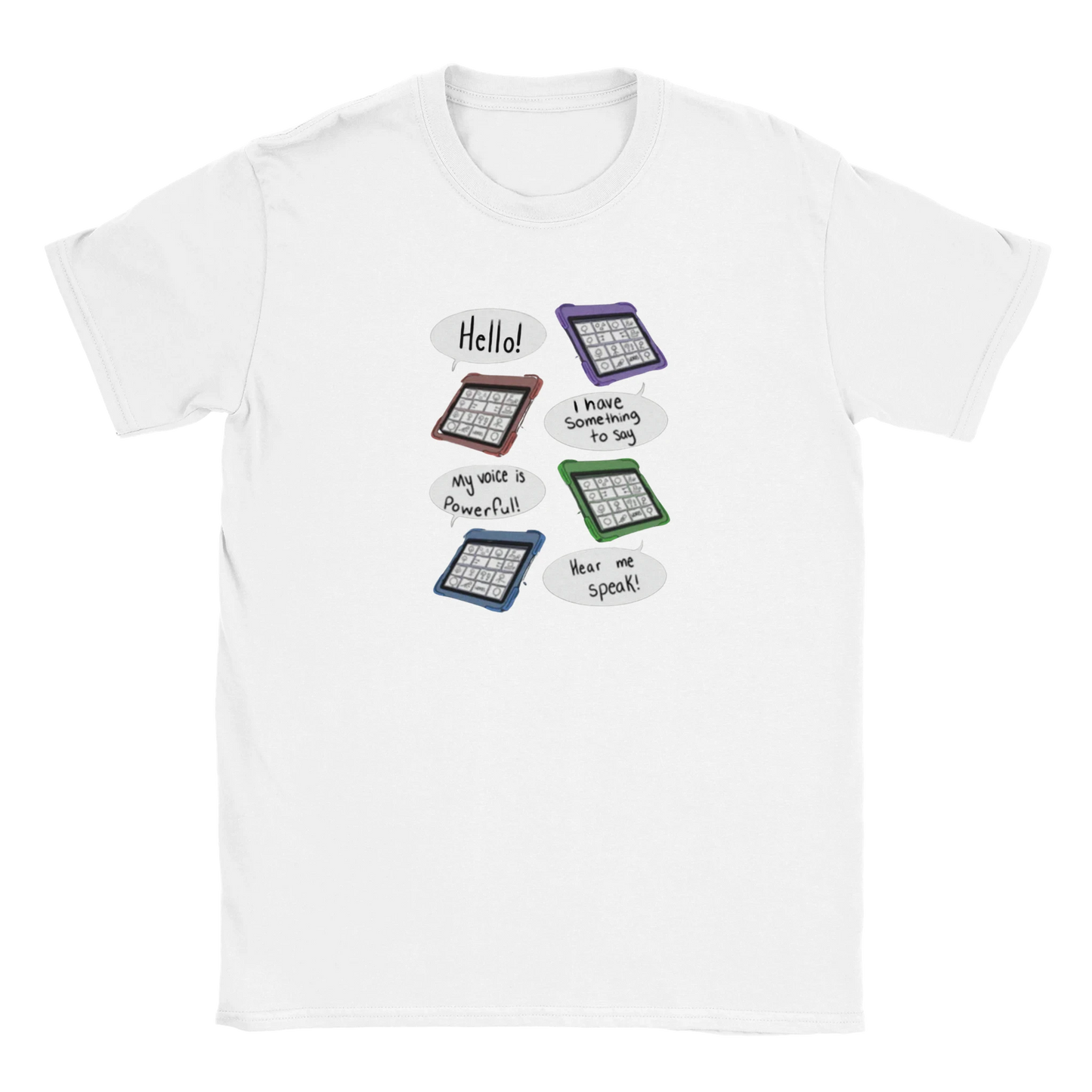 VOICE t-shirt with AAC speech bubbles saying Hello I have something to say, Hear me speak, My voice matters, celebrating AAC users

