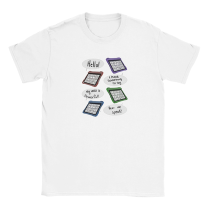 VOICE t-shirt with AAC speech bubbles saying Hello I have something to say, Hear me speak, My voice matters, celebrating AAC users

