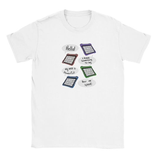 VOICE t-shirt with AAC speech bubbles saying Hello I have something to say, Hear me speak, My voice matters, celebrating AAC users

