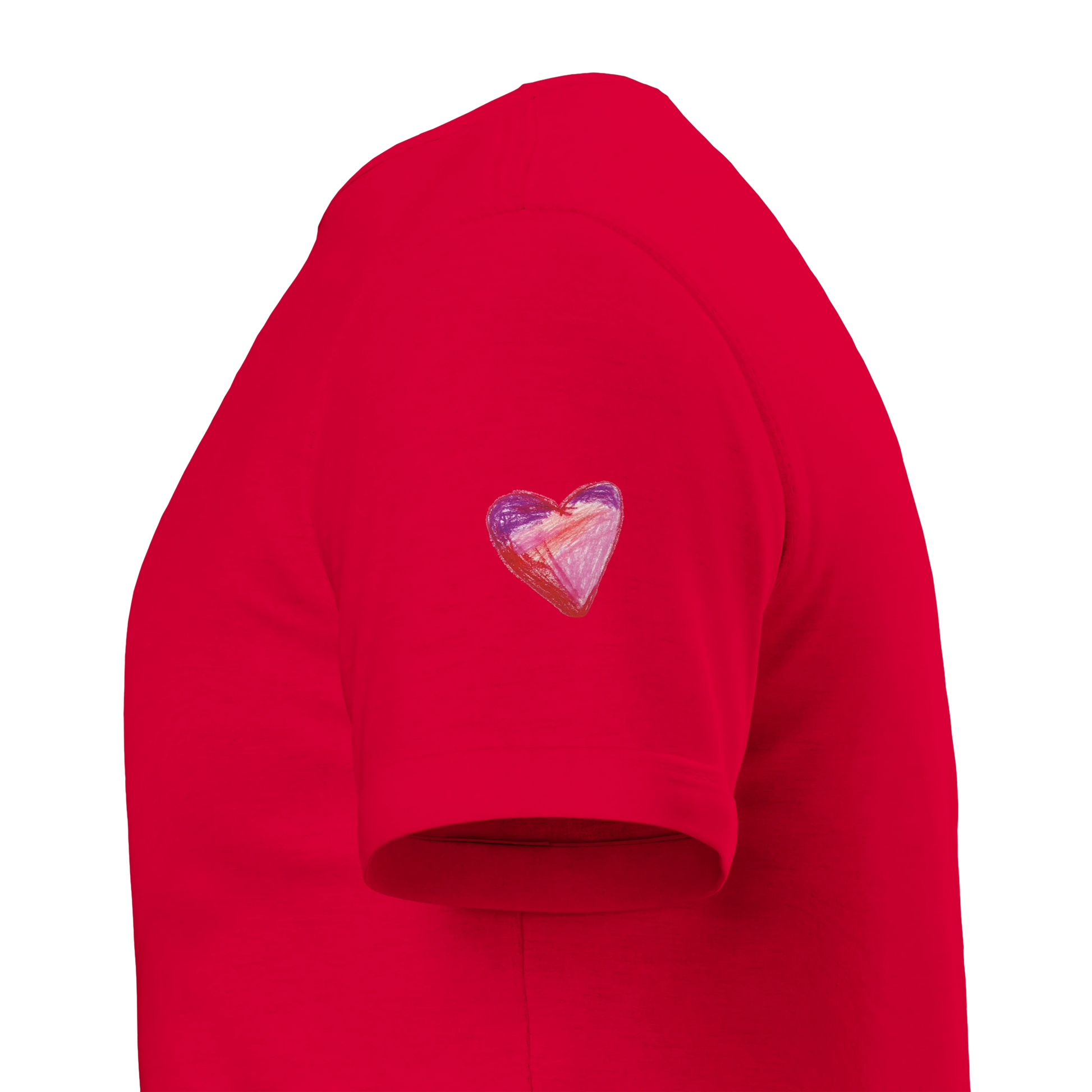 Red sweatshirt with a colourful heart design, the GoodOnU Logo on the sleeve 