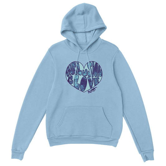 A light blue hoody with dark blue Inclusion is Love graffiti art design by self-advocate artist Ashley Caldwell promoting disability inclusion