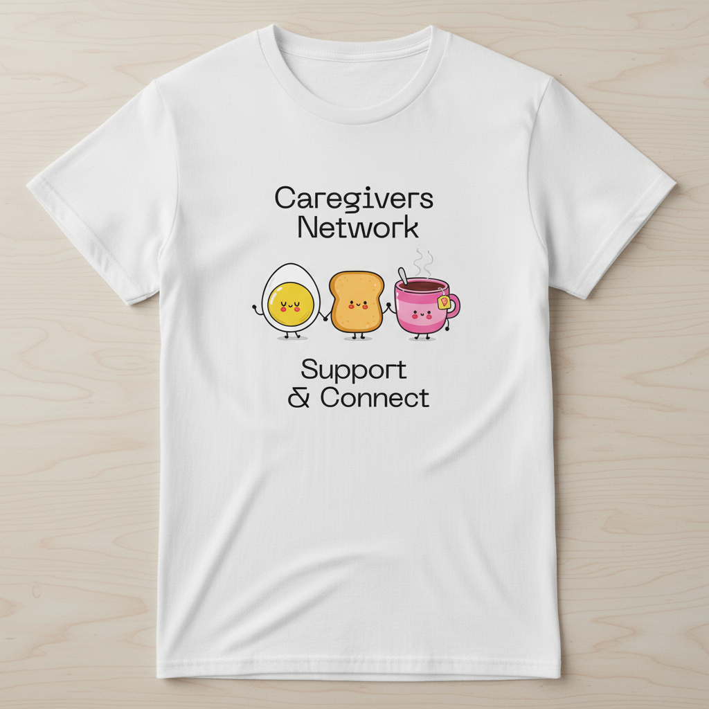 CAREGIVERS NETWORK Egg Toast Tea - White Tee with Black Text and Colored Graphics
