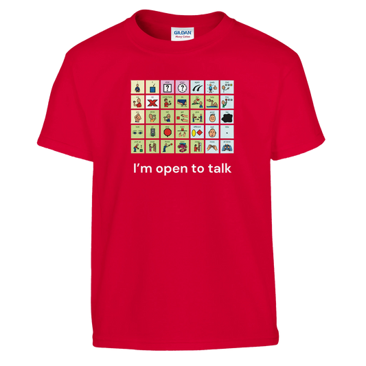 Red  I'm Open to Talk AAC tee celebrating communication rights for young advocates
