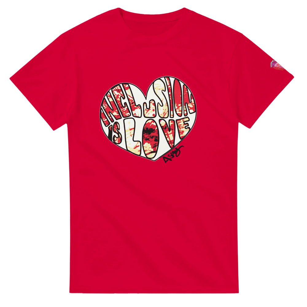 A red graphic t-shirt with a heart and text design that says 'Inclusion is Love'.Art by self-advocate Ashley Caldwell 