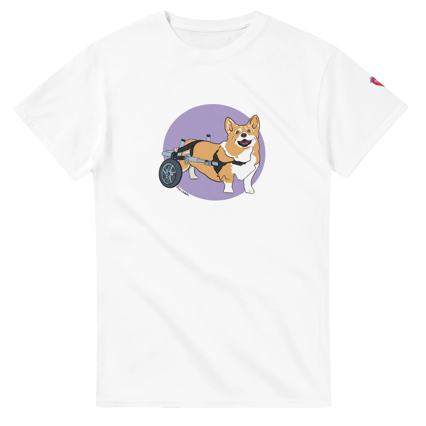 White t-shirt with a corgi with a walker graphic on a white background, disability representation
