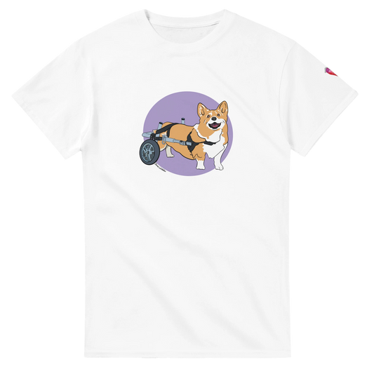 White t-shirt with a corgi with a walker graphic on a white background, disability representation