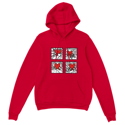 Red hoody with a modern graphic with hearts one in a wheelchair, one with a walker, one with an invisible disability and 4th heart has a seeing-eye-dog. These bright hearts are drawn on bold white and black backgrounds. Very visually appealing. 