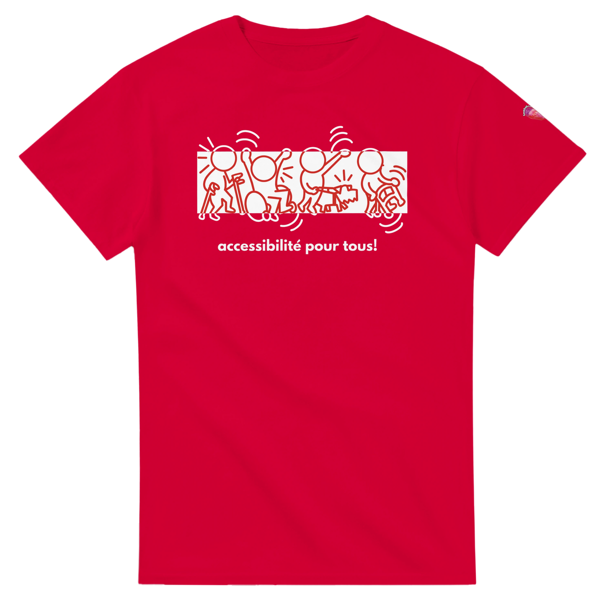 Red t-shirt with Accessibles pour Tous design for Red Shirt Day  promoting accessibility awareness - French T-shirt