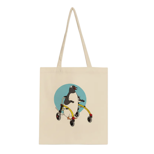 Natural tote bag with penguin walker advocate design