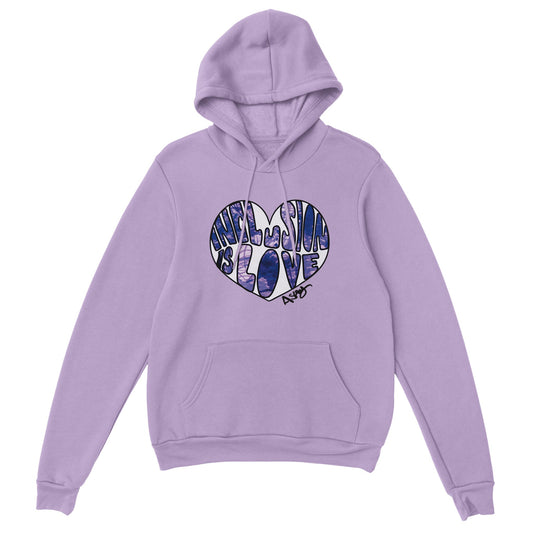 Purple Inclusion is love hoody  with Inclusion is Love graffiti art design by self-advocate artist Ashley Caldwell promoting disability inclusion