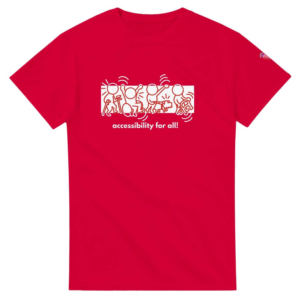 Red t-shirt with accessibility for all design for Red Shirt Day  promoting accessibility awareness and anti-ableism