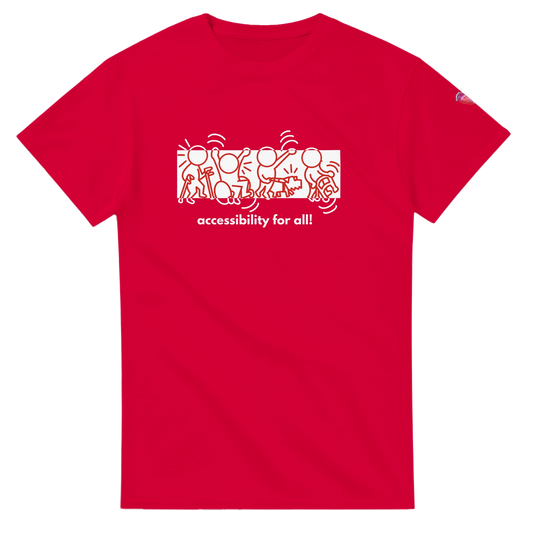 Red t-shirt with accessibility for all design for Red Shirt Day  promoting accessibility awareness and anti-ableism
