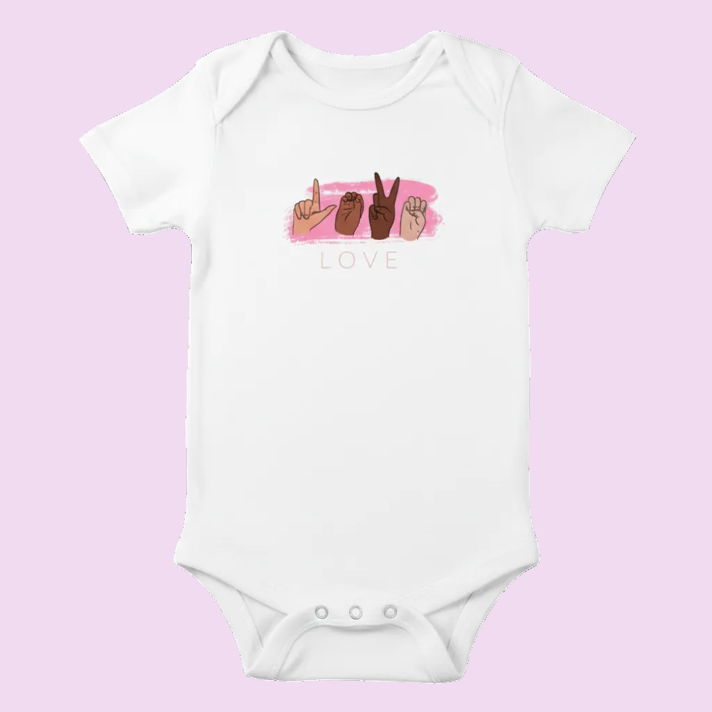 White infant onesie with ASL Love sign