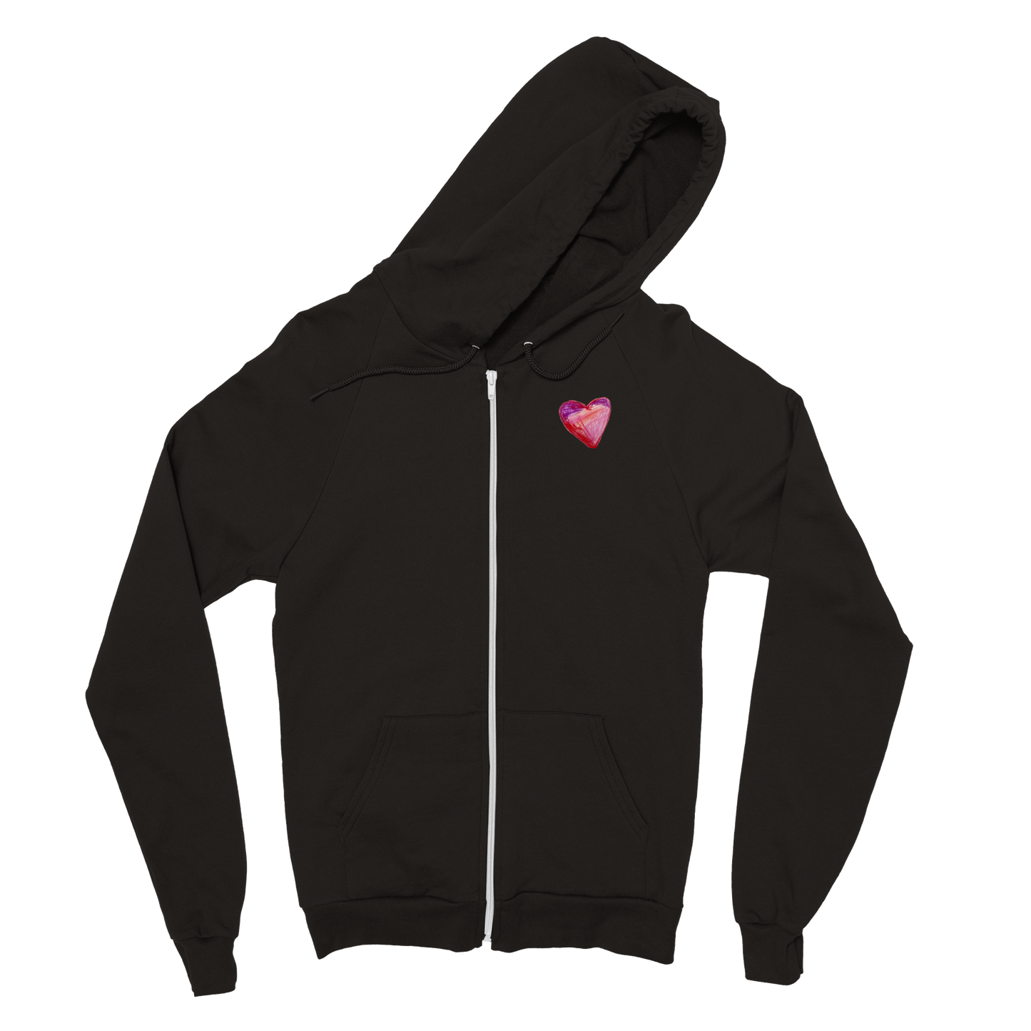 Teen and adult zip hoodie with MY HEART pink and purple design by self-advocate artist Ashley Caldwell, promoting love and inclusion