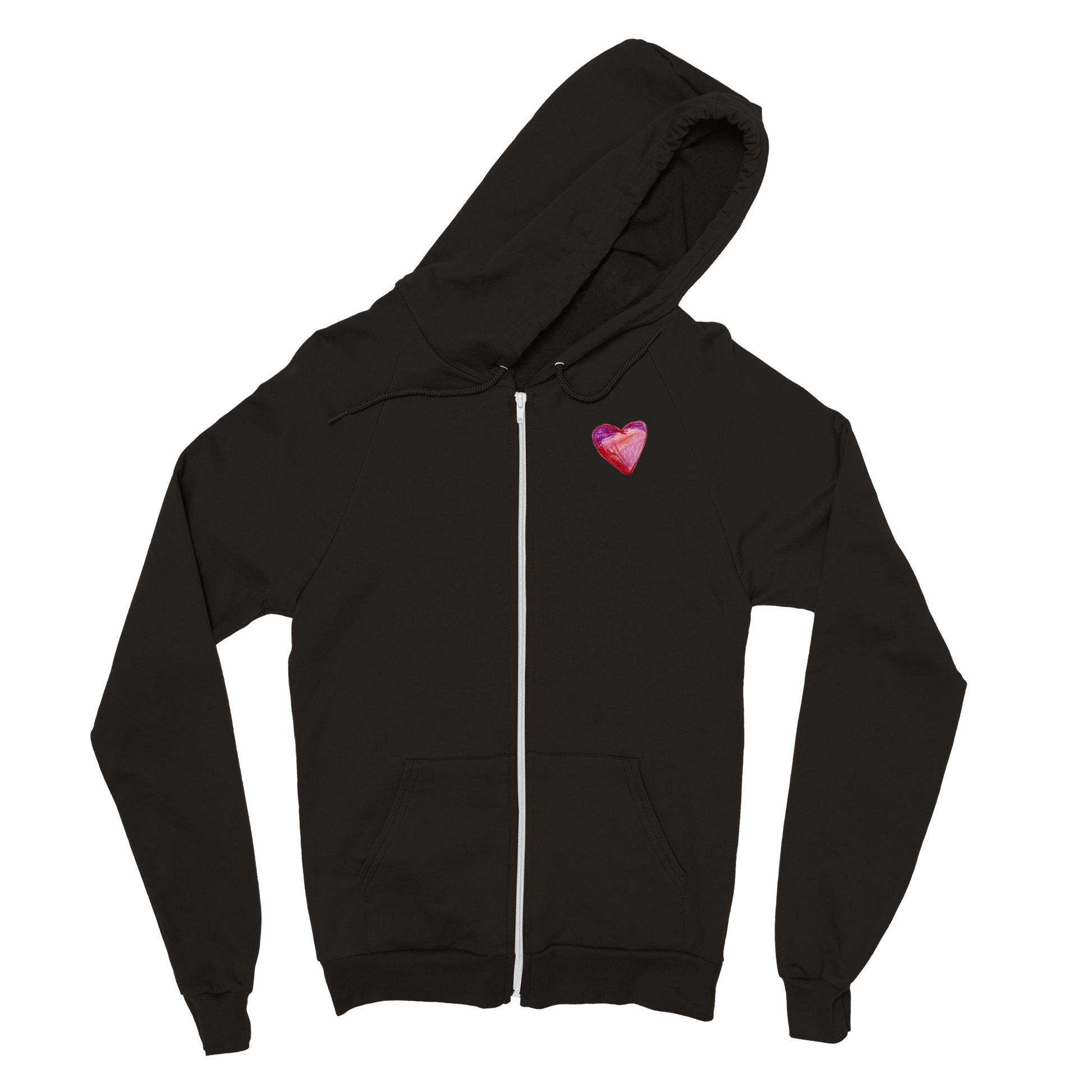Teen and adult zip hoodie with MY HEART pink and purple design by self-advocate artist Ashley Caldwell, promoting love and inclusion