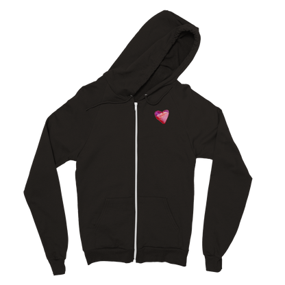 Teen and adult zip hoodie with MY HEART pink and purple design by self-advocate artist Ashley Caldwell, promoting love and inclusion