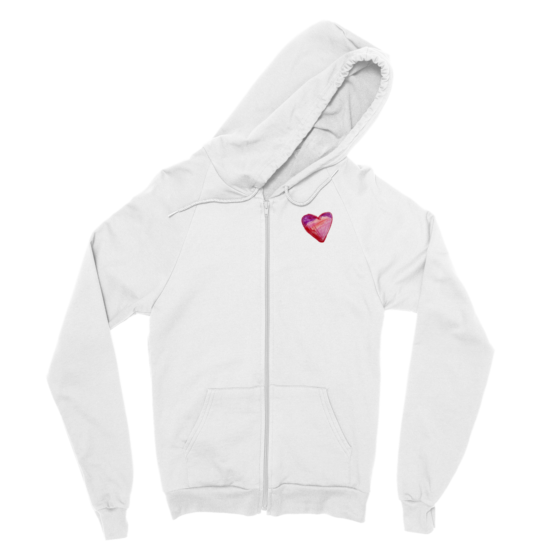 white Zip hoodie with MY HEART pink and purple design by self-advocate artist Ashley Caldwell promoting love and inclusion