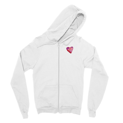 white Zip hoodie with MY HEART pink and purple design by self-advocate artist Ashley Caldwell promoting love and inclusion