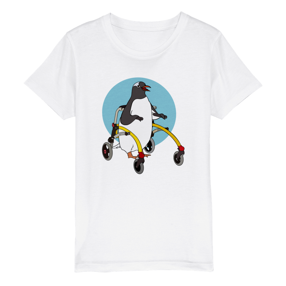White kids tee featuring a penguin in his yellow walker.